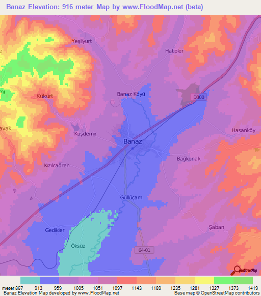 Banaz,Turkey Elevation Map