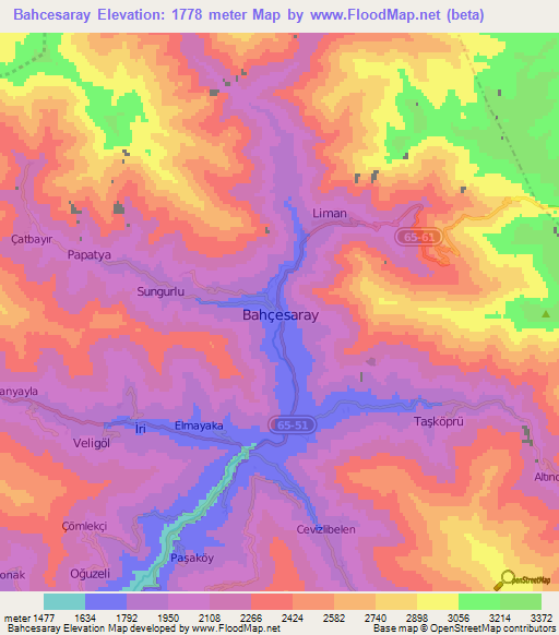 Bahcesaray,Turkey Elevation Map