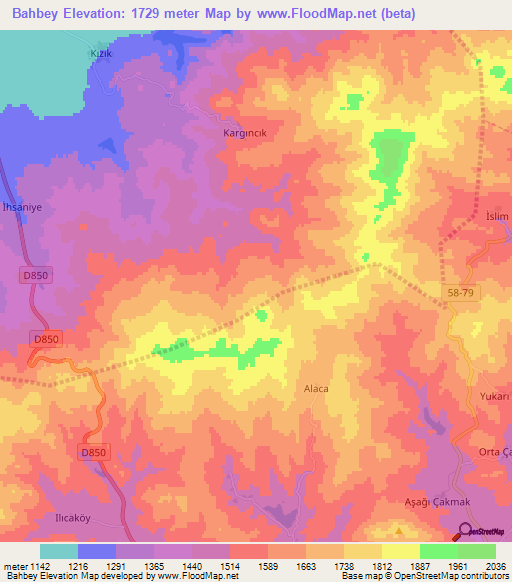 Bahbey,Turkey Elevation Map