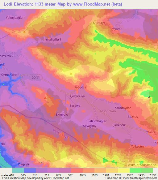 Lodi,Turkey Elevation Map