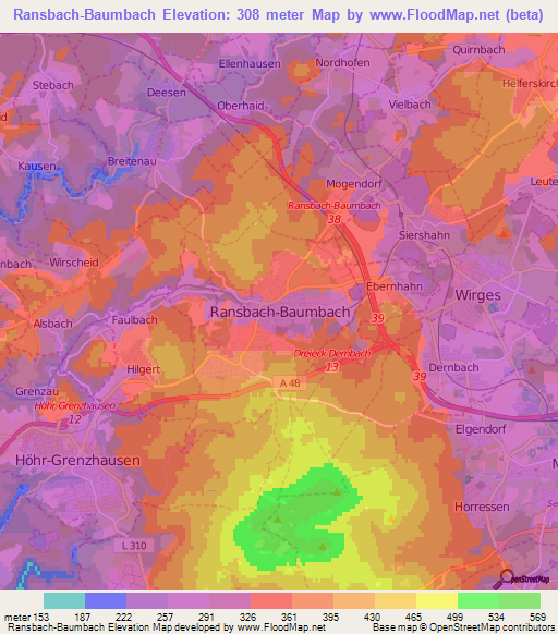 Ransbach-Baumbach,Germany Elevation Map