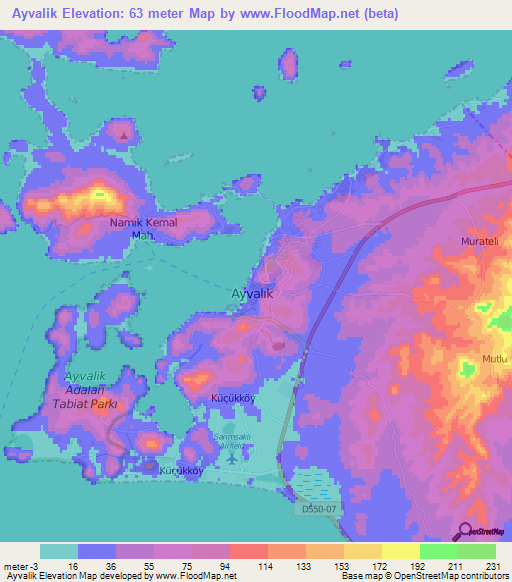 Ayvalik,Turkey Elevation Map