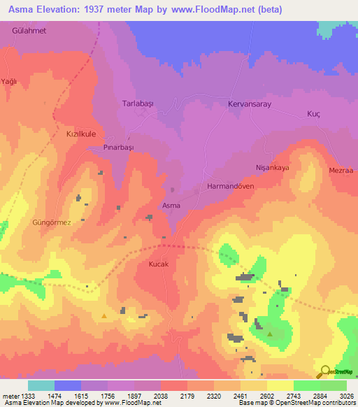 Asma,Turkey Elevation Map