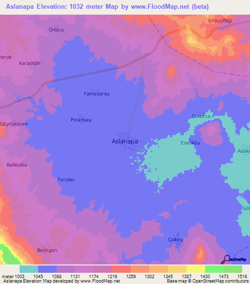 Aslanapa,Turkey Elevation Map