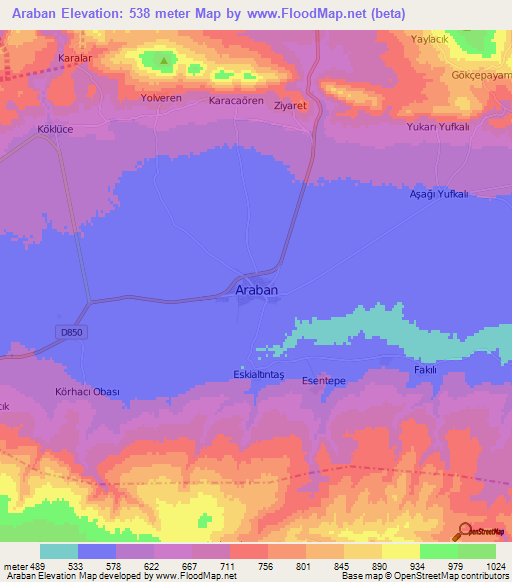 Araban,Turkey Elevation Map