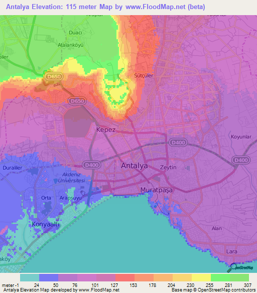 Antalya,Turkey Elevation Map