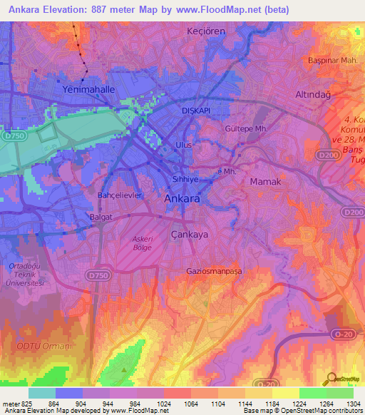 Ankara,Turkey Elevation Map