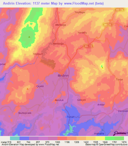 Andirin,Turkey Elevation Map