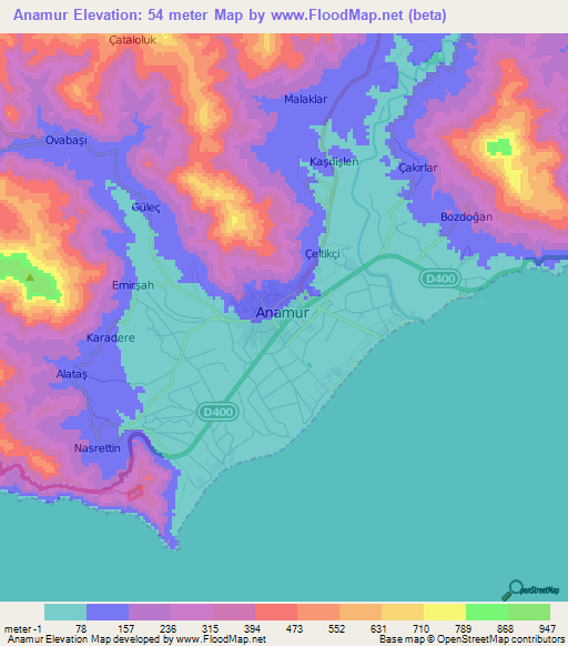 Anamur,Turkey Elevation Map