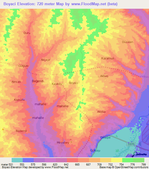 Boyaci,Turkey Elevation Map