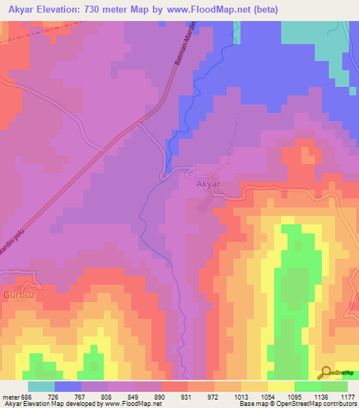 Akyar,Turkey Elevation Map