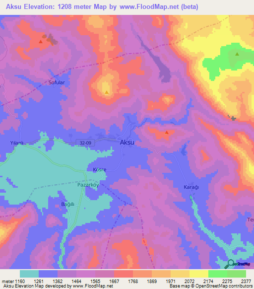 Aksu,Turkey Elevation Map