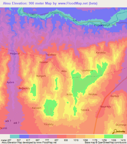 Aksu,Turkey Elevation Map