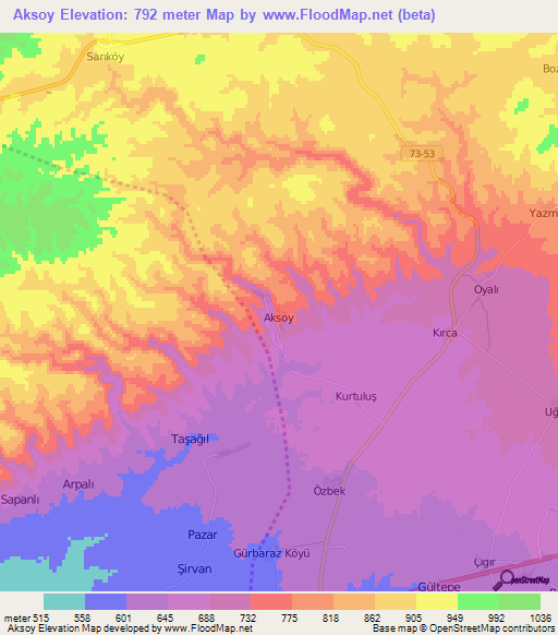 Aksoy,Turkey Elevation Map