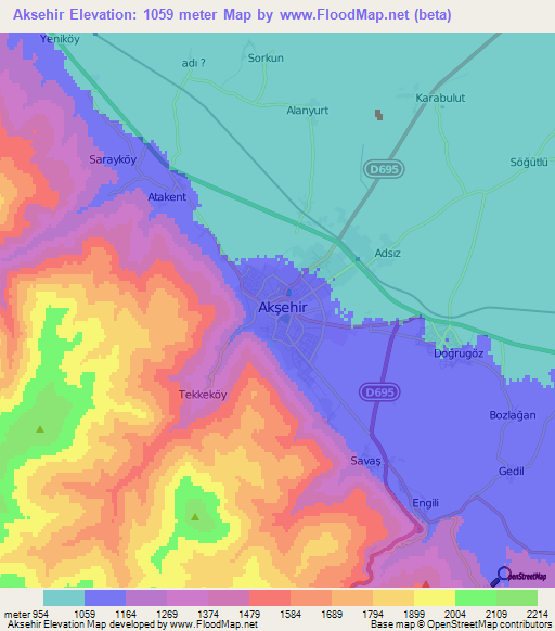 Aksehir,Turkey Elevation Map