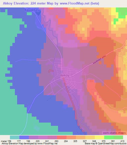 Akkoy,Turkey Elevation Map