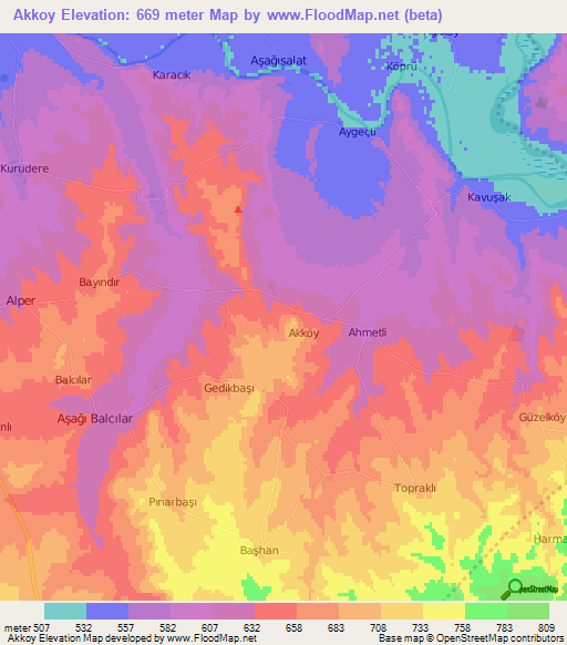 Akkoy,Turkey Elevation Map