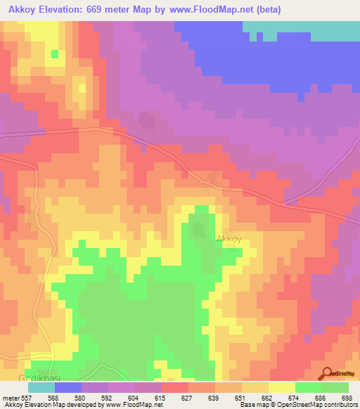 Akkoy,Turkey Elevation Map