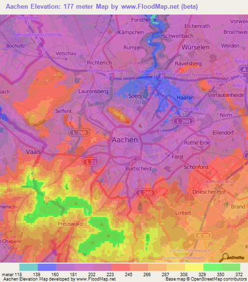 Aachen,Germany Elevation Map