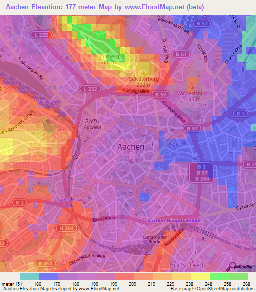 Aachen,Germany Elevation Map