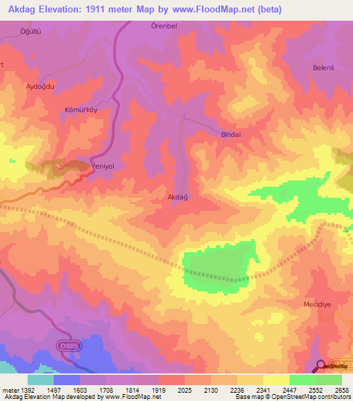 Akdag,Turkey Elevation Map