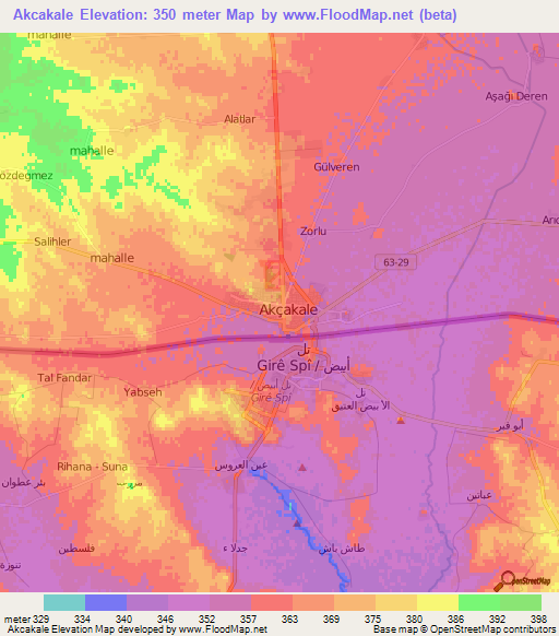 Akcakale,Turkey Elevation Map