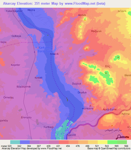 Akarcay,Turkey Elevation Map