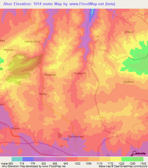 Ahur,Turkey Elevation Map