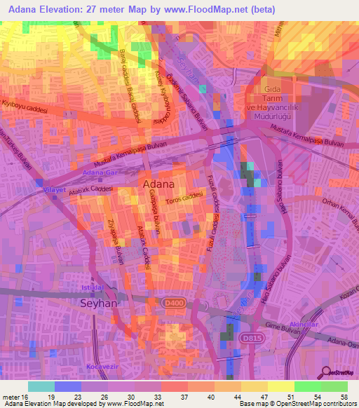 Adana,Turkey Elevation Map