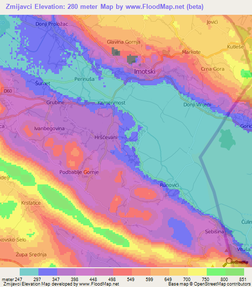 Zmijavci,Croatia Elevation Map