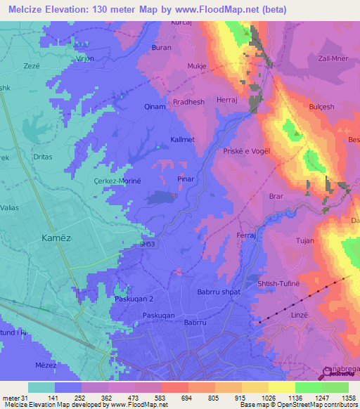 Melcize,Albania Elevation Map