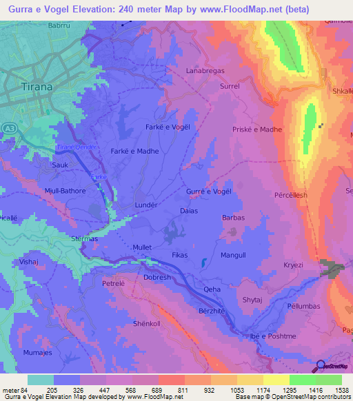 Gurra e Vogel,Albania Elevation Map