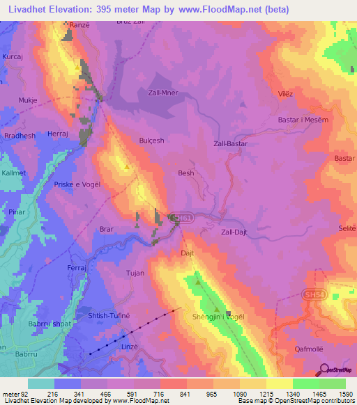 Livadhet,Albania Elevation Map