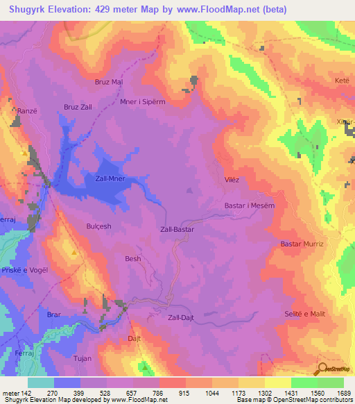 Shugyrk,Albania Elevation Map