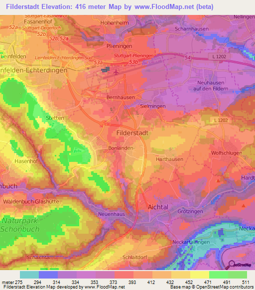 Filderstadt,Germany Elevation Map