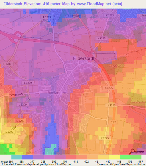 Filderstadt,Germany Elevation Map