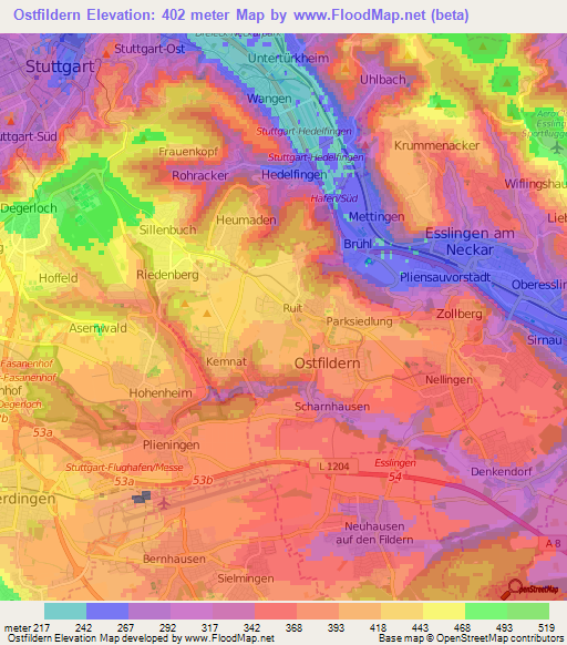 Ostfildern,Germany Elevation Map