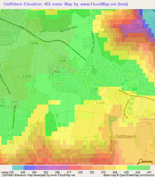 Ostfildern,Germany Elevation Map