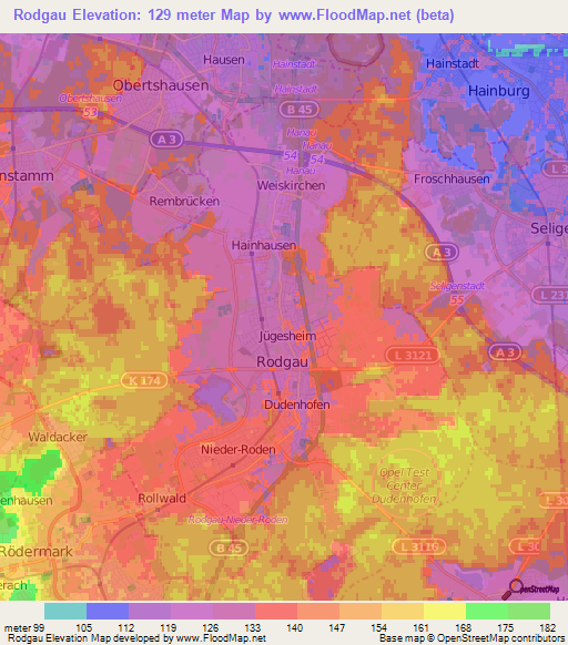 Rodgau,Germany Elevation Map