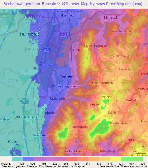 Seeheim-Jugenheim,Germany Elevation Map