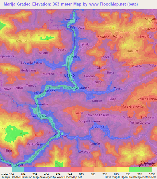 Marija Gradec,Slovenia Elevation Map