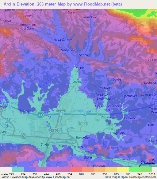 Arclin,Slovenia Elevation Map