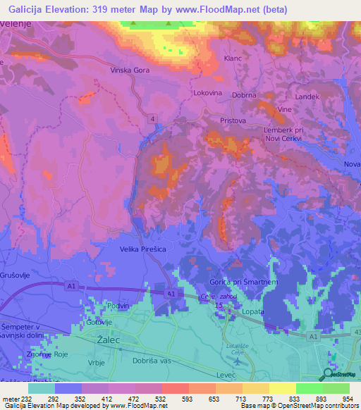 Galicija,Slovenia Elevation Map