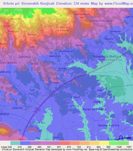 Vrhole pri Slovenskih Konjicah,Slovenia Elevation Map