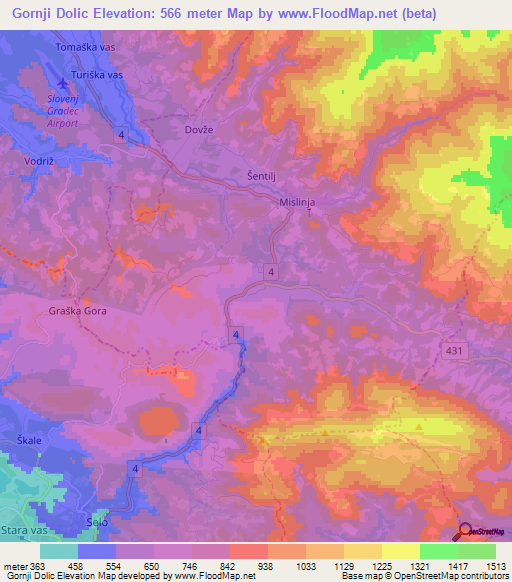 Gornji Dolic,Slovenia Elevation Map