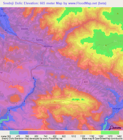 Srednji Dolic,Slovenia Elevation Map