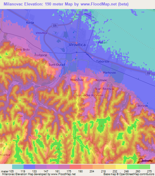 Milanovac,Croatia Elevation Map