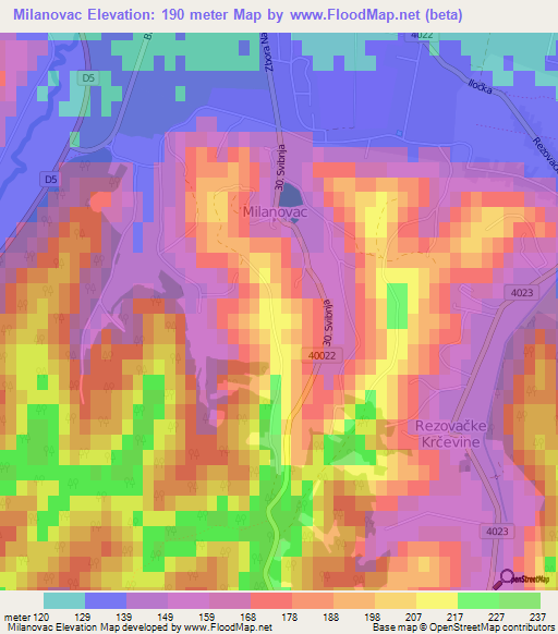 Milanovac,Croatia Elevation Map