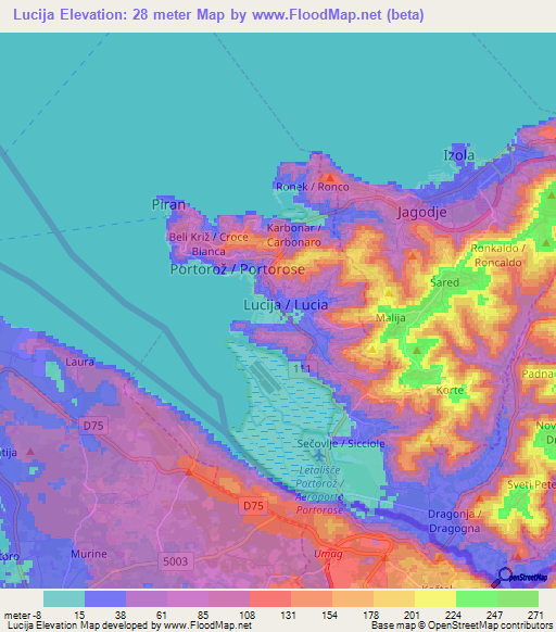 Lucija,Slovenia Elevation Map