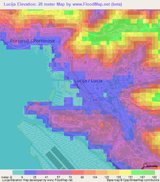 Lucija,Slovenia Elevation Map